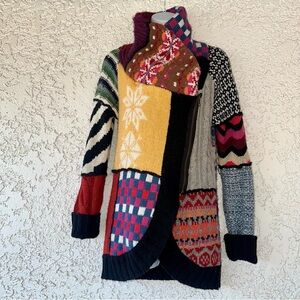 Desigual Sweater Womens  L Chunky Patchwork Zip Asymmetrical